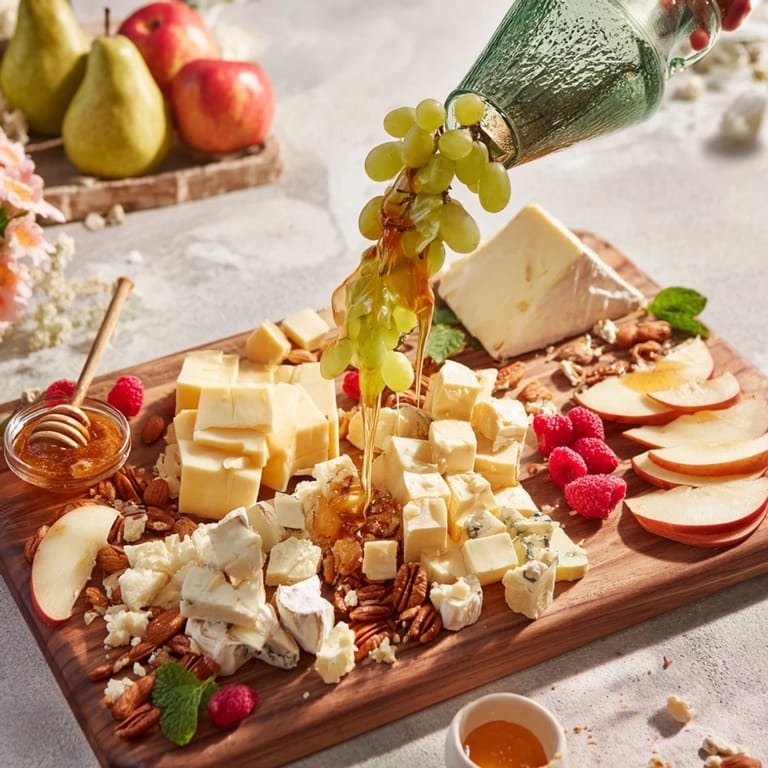 Vibrant Champagne Waterfall Board loaded with grapes, cheese, and charcuterie perfect for a party.