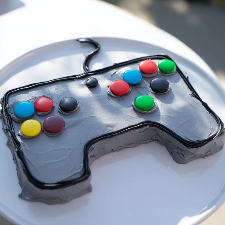 A colorful, frosted Pixel Perfect Video Game Controller Board cake decorated with candy buttons, ready to eat.