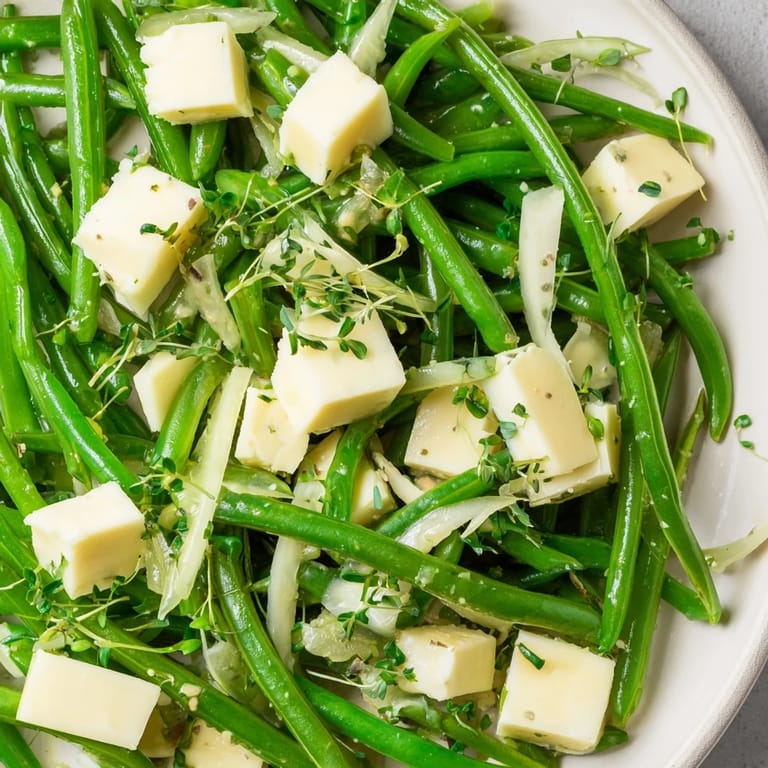 This refreshing English Ivy salad features a lovely tangle of green beans, cheese, and lemon dressing.