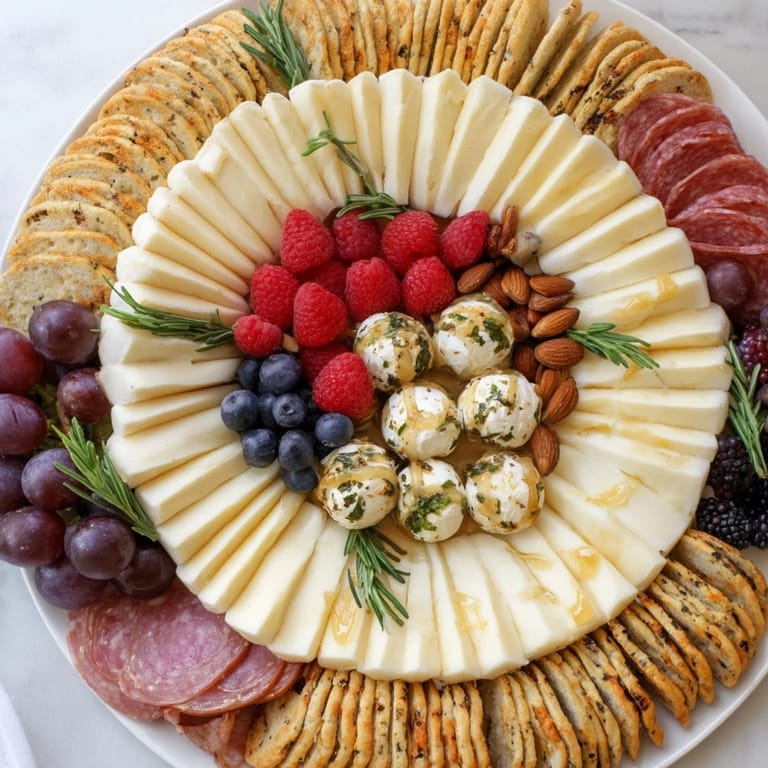 Vivid image of The Ouroboros Circle: a party-ready arrangement of cheeses and colorful fruits.