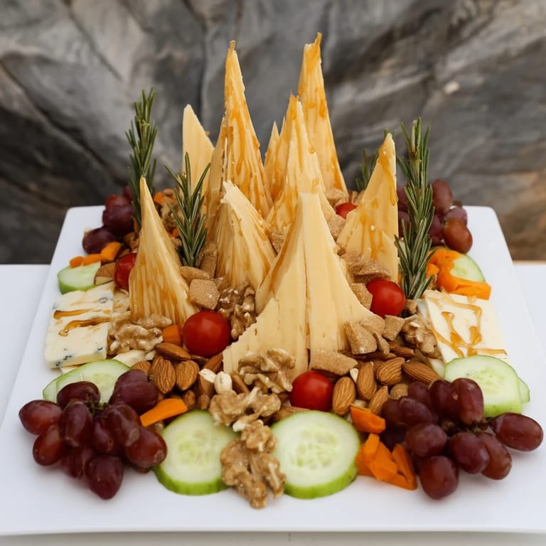 Vibrant sculptural cheese landscape, a stunning appetizer arrangement with honey drizzle and baguette paths.