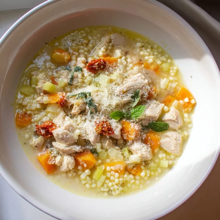 Hearty Marry Me Chicken Soup: a close-up shows the pasta and a creamy, flavorful broth ready to enjoy.