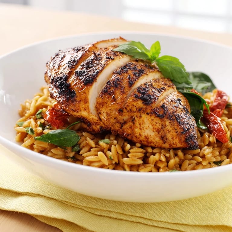A close-up of golden-brown Marry Me Chicken Orzo, garnished with fresh basil and parmesan.