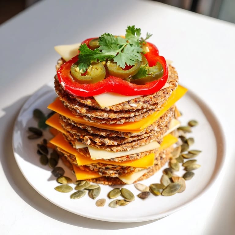 A vibrant appetizer: The Southwest Mesa of stacked cheeses, garnished with peppers and cilantro.
