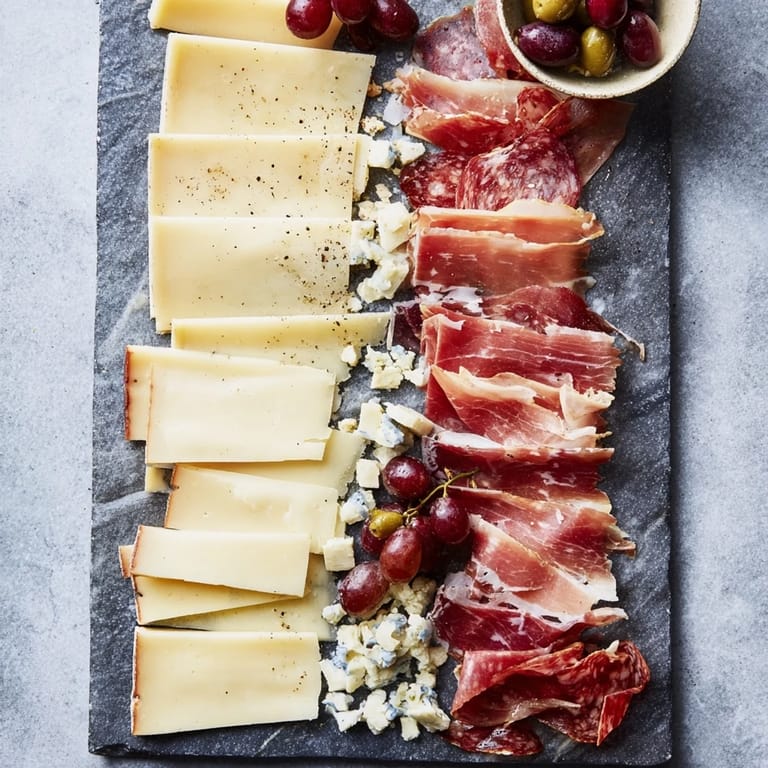 Easily assembled The Industrial Slate recipe includes a variety of cold cuts, cheeses, and accompaniments ready to serve.