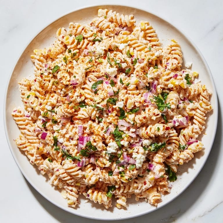 A close-up of creamy Street Corn Pasta Salad, showcasing the crumbled cotija cheese and vibrant seasonings.