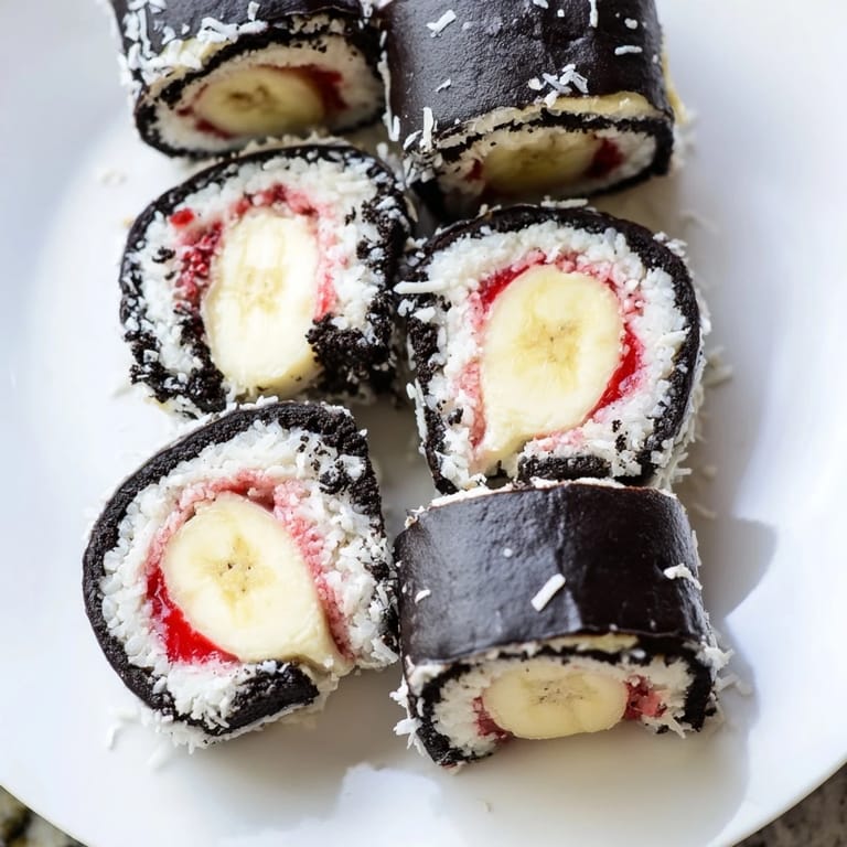 Close-up of Oreo Cookie Sushi Rolls, sliced with banana inside, a unique sweet treat.