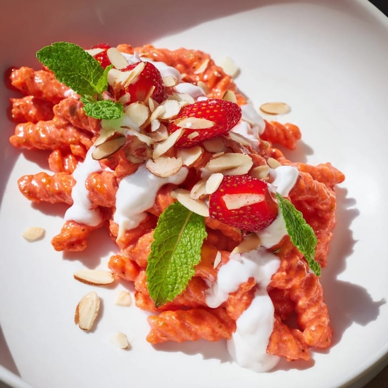 A beautiful bowl with fresh Sweet Strawberry Yogurt Pasta, ready to be enjoyed on a hot day.