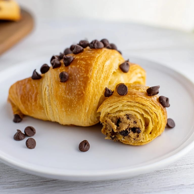 Perfectly baked Chocolate Cookie Croissants, hinting at a delightful cookie-dough filling for a sweet morning treat.
