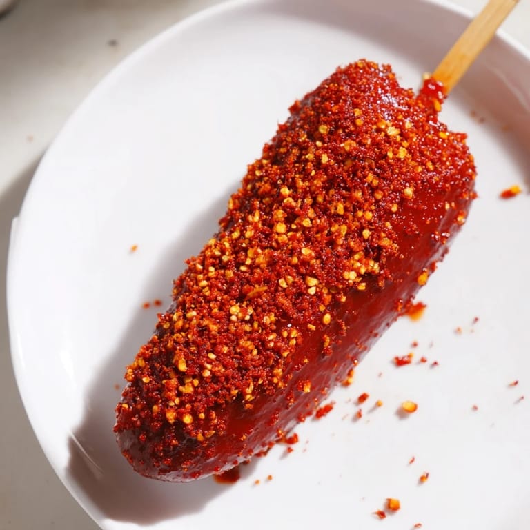 Bright red chamoy coats these Chamoy-Tajín pickle sticks, a sweet and tangy treat perfect for summer snacking.