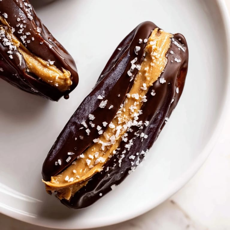 Homemade chocolate peanut butter dates, with the creamy peanut butter visible inside the dates.