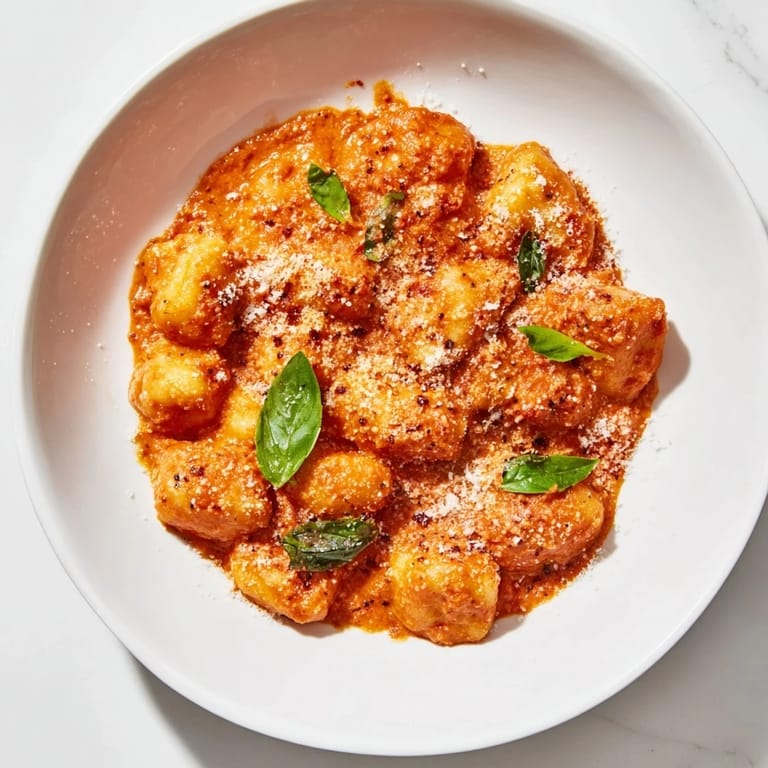 Close-up of golden, tender creamy tomato gnocchi, perfect for a comforting Italian-inspired dinner.