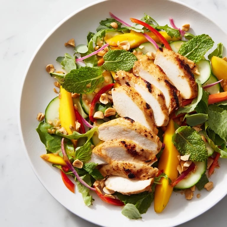 Vibrant Thai Mango Chicken Salad, featuring crisp vegetables and a tangy, zesty lime dressing.
