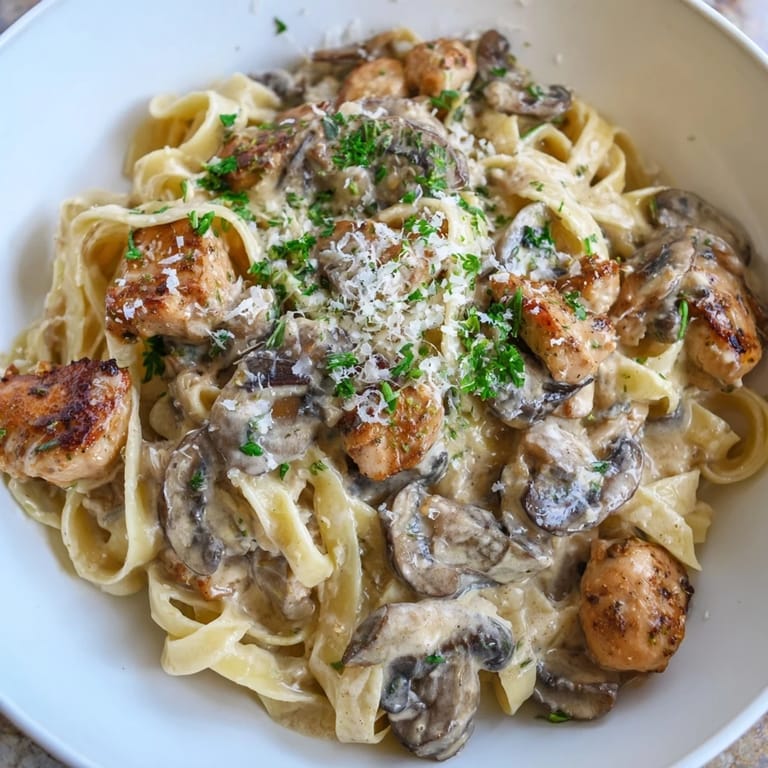 A close-up of golden, creamy mushroom chicken pasta with tender chicken and mushrooms.