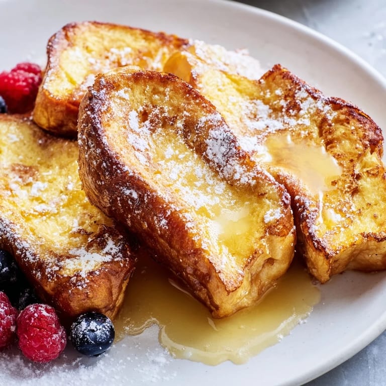 Thick slices of Ice Cream French Toast, cooked to perfection, ready to serve with berries.
