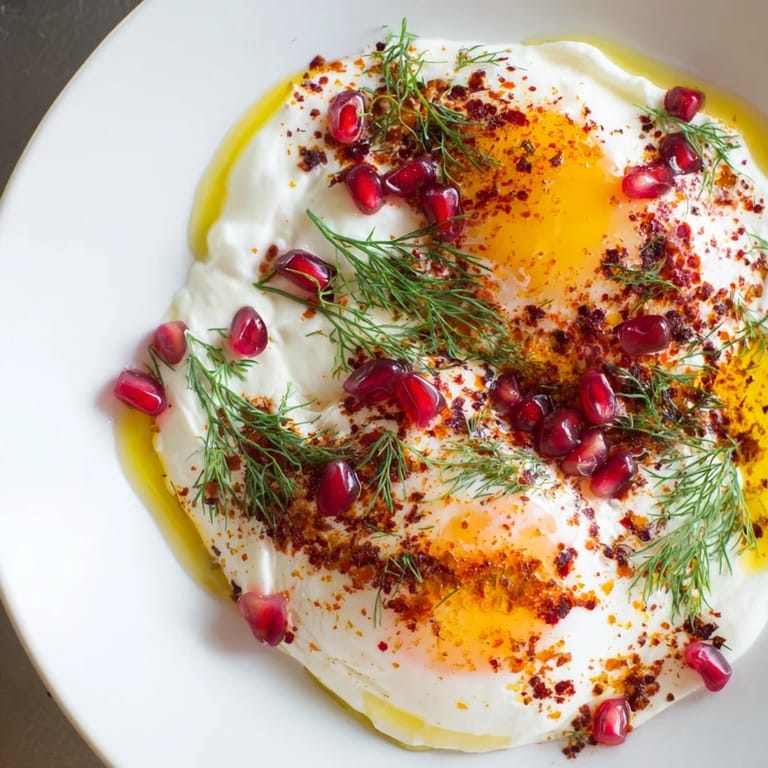 Vibrant Çılbır: Poached eggs, tart sumac, and pomegranate seeds presented on white plates.