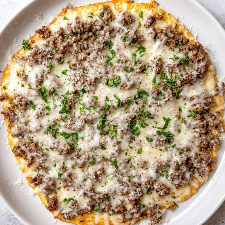 Savory ground beef beautifully complements the creamy Alfredo sauce atop this homemade pizza.