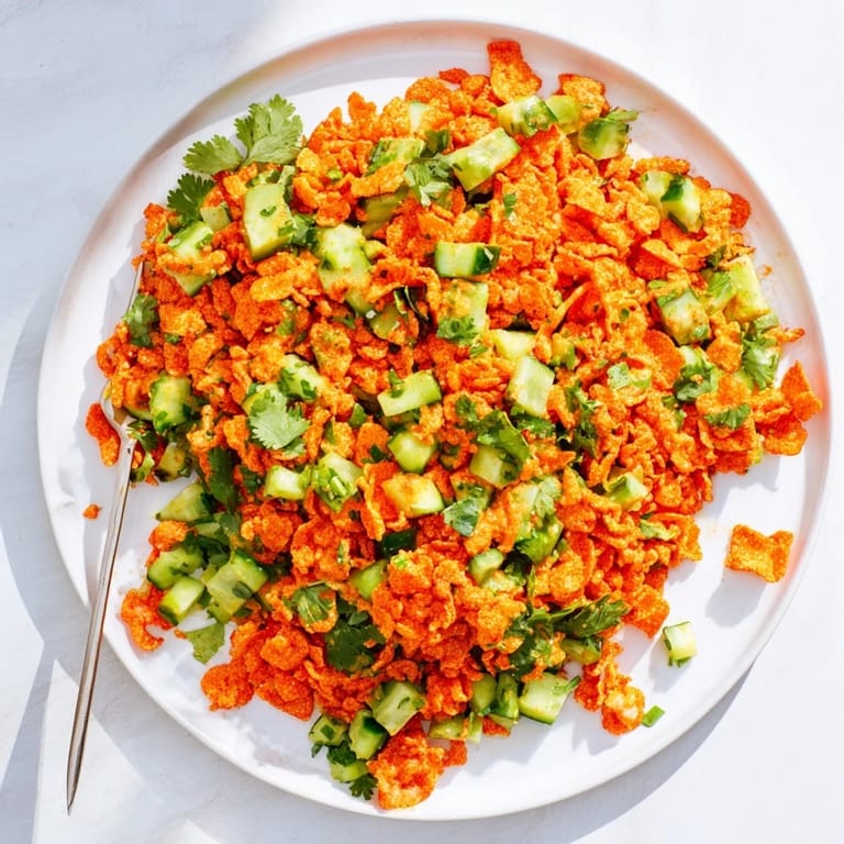 A vibrant vegetarian snack side dish with spicy crushed Flamin Hot Cheetos, offering bold color and texture.