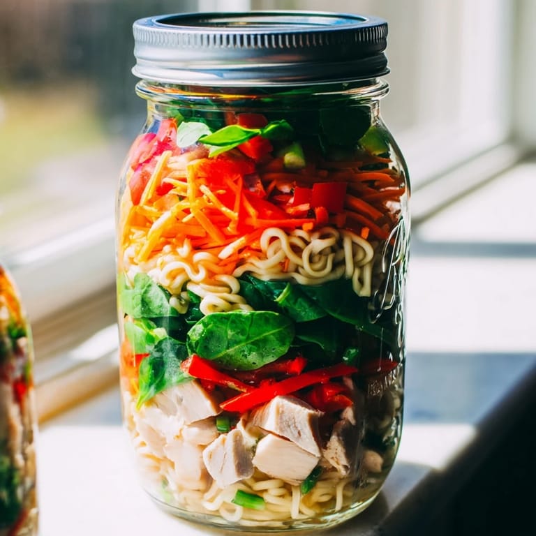 Freshly prepared Mason Jar Noodle Meal Ready-to-eat with crunchy toppings and lime wedge garnish.  