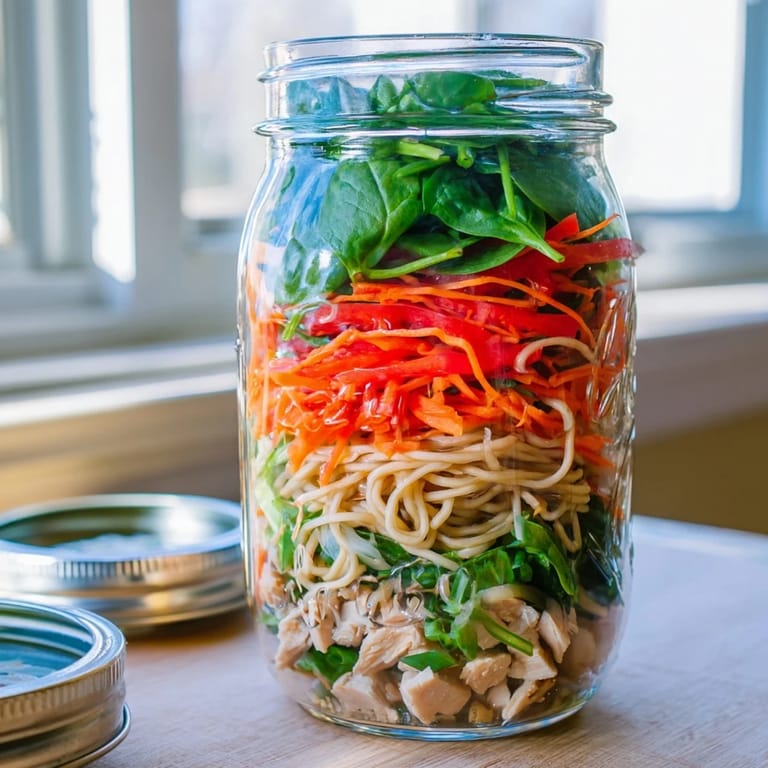 Portable Mason Jar Noodle Meal Prep recipe displayed on a rustic wooden table for lunch inspiration.