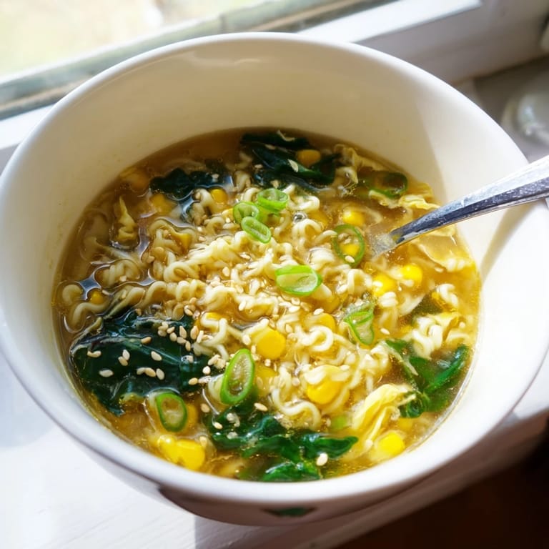 Overhead view of Elevated Ramen Egg Drop Soup with tender noodles and freshly ground black pepper.