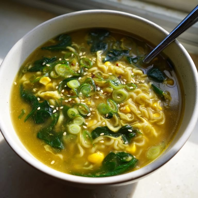 Creamy Elevated Ramen Egg Drop Soup garnished with scallions and sesame seeds for a comforting meal.