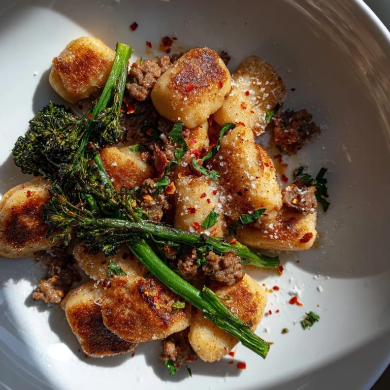 A close-up of Sheet Pan Gnocchi Bake showing crisped gnocchi, roasted broccolini, and savory sausage on a parchment-lined baking sheet.