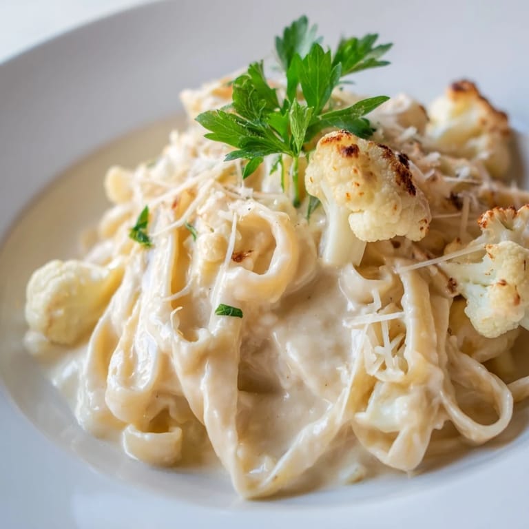 Steam rises from a creamy bowl of Roasted Cauliflower Alfredo, garnished with parsley and freshly grated Parmesan.