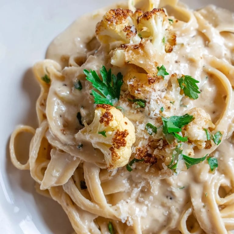 Overhead view of a skillet of Roasted Cauliflower Alfredo, featuring golden roasted cauliflower florets mixed with pasta.