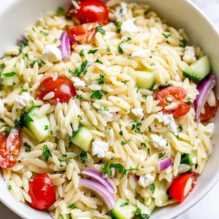 For a Mediterranean-inspired meal, enjoy this Greek Orzo Salad served cold, offering bright flavors of lemon, oregano, and creamy feta cheese mixed with tender pasta.