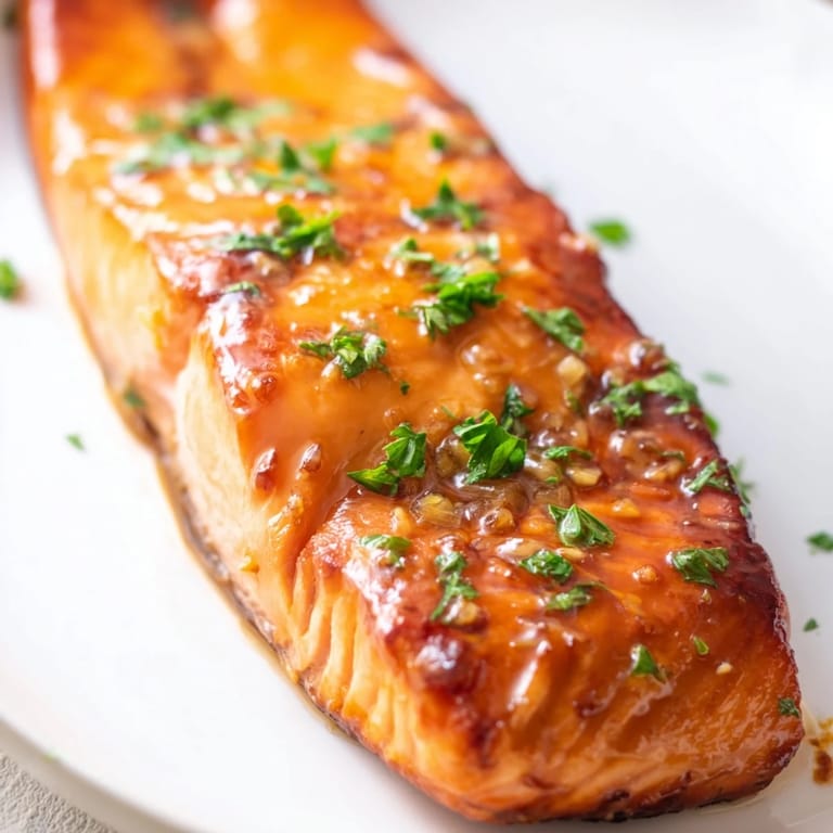 Honey Garlic Glazed Salmon with tender, flaky texture and a sweet garlic aroma, garnished with fresh parsley.