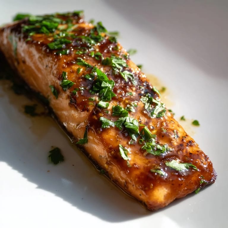 A close-up of roasted Honey Garlic Glazed Salmon, brushed with buttery sauce and served with lemon wedges.