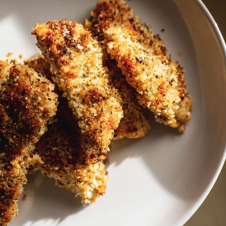 A close-up of golden Crispy Panko Chicken Strips on a plate, garnished with fresh herbs for an easy weeknight meal.