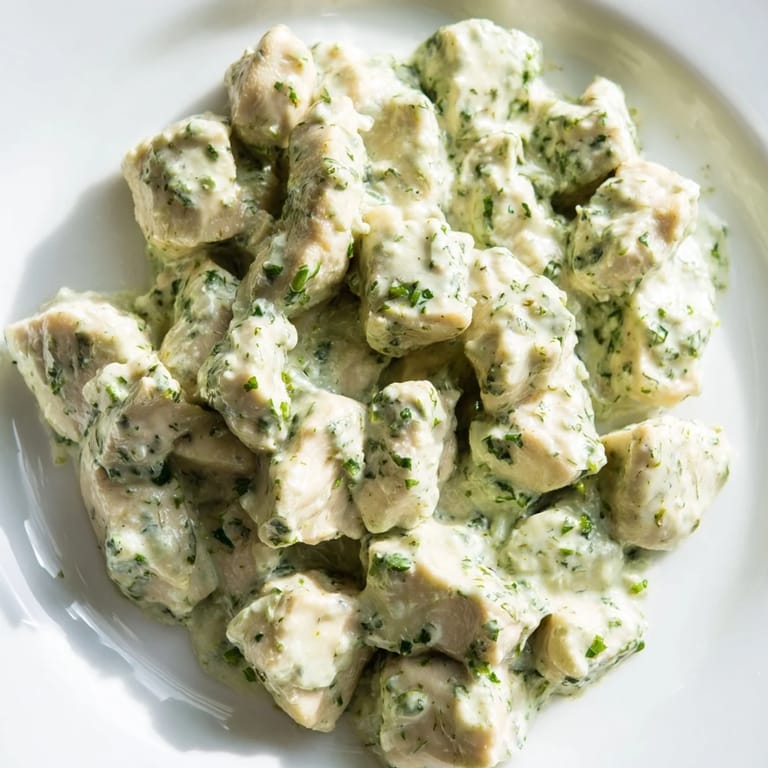 Serving suggestion for delicious Green Goddess Chicken Salad, drizzled with dressing and garnished with fresh tarragon, perfect for a light lunch.