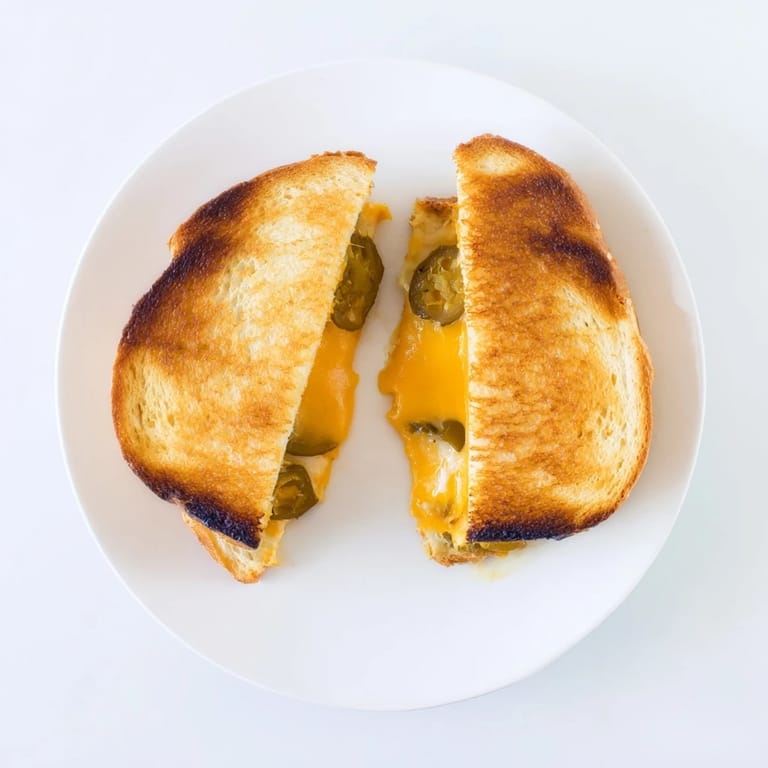 Ready to serve, the Cheddar Jalapeño Grilled Cheese is cut diagonally, showcasing the gooey, melted cheddar and vibrant jalapeño pieces inside.