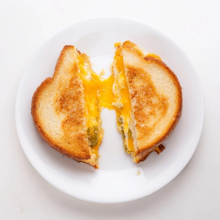 A close-up of the Cheddar Jalapeño Grilled Cheese reveals a spicy, cheesy filling melting between perfectly toasted, golden-brown bread slices.