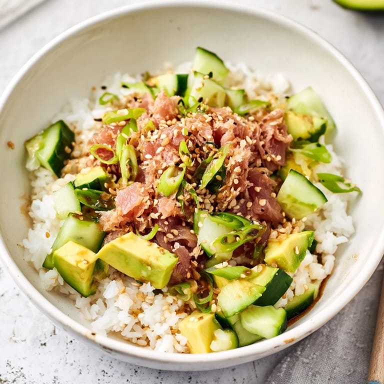 Warm Tuna Avocado Rice Bowl topped with diced avocado, cucumber, scallions, and a drizzle of soy-ginger dressing.