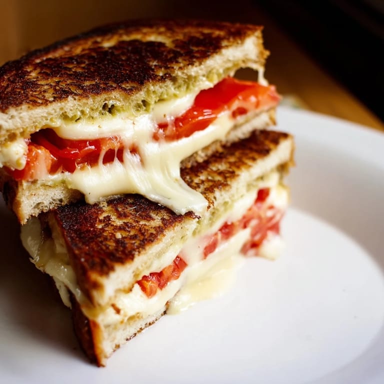 A delicious Pepper Jack & Tomato Grilled Cheese cut diagonally, revealing gooey melted cheese and juicy tomato layers on spicy bread.