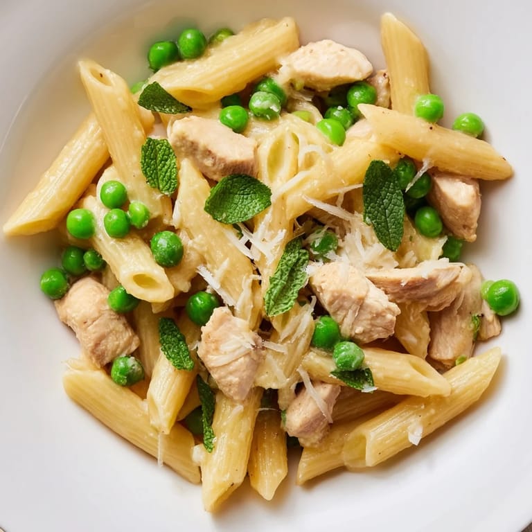A close-up of Pea & Mint Chicken Pasta twirled on a fork, flecked with fresh mint and shaved Parmesan cheese.