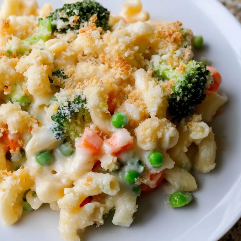 Close-up of baked Garden Veg Mac and Cheese with a golden, buttery breadcrumb topping and colorful diced carrots.  