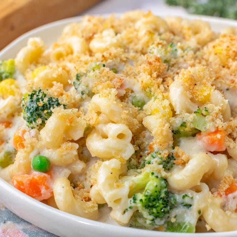Family-style serving of Garden Veg Mac and Cheese, garnished with fresh parsley, perfect for a hearty vegetarian dinner.