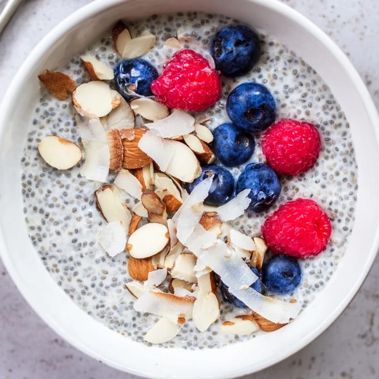 Overhead view of Poppy Seed Chia Pudding in a white bowl, garnished with shredded coconut and sliced strawberries for a vibrant breakfast.