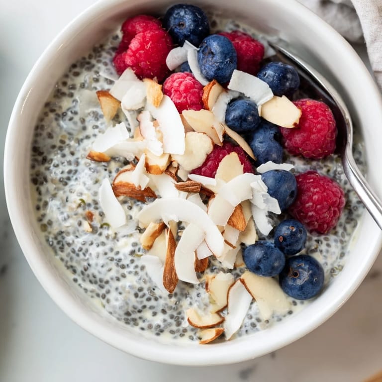 A spoon scooping into a thick, creamy serving of Poppy Seed Chia Pudding, revealing a subtle crunch from the poppy seeds.