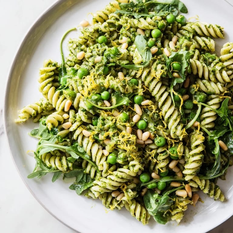 Spring Green Pesto Pasta Salad served chilled with crumbled feta and extra toasted pine nuts.
