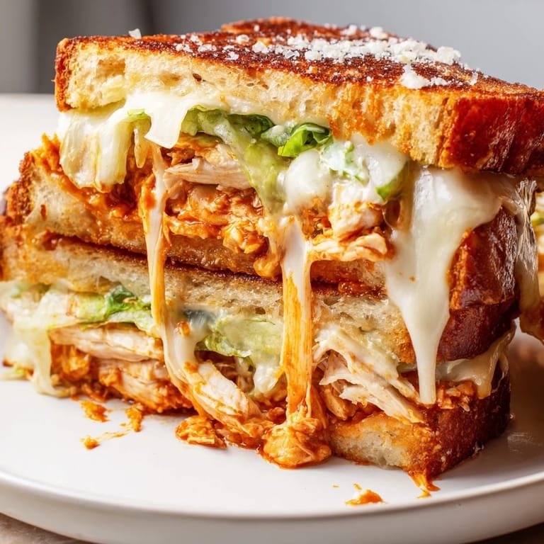 Freshly grilled Buffalo Chicken Caesar Grilled Cheese with crisp lettuce and a drizzle of creamy dressing.