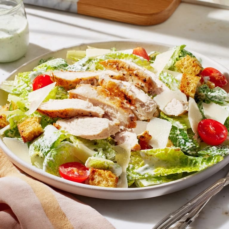 A creamy Greek yogurt Caesar dressing coats fresh greens, juicy tomatoes, and golden croutons in the salad bowl.