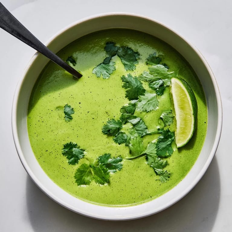 Spoon diving into a creamy spinach coriander lemongrass soup, perfect for a light vegan lunch or dinner.