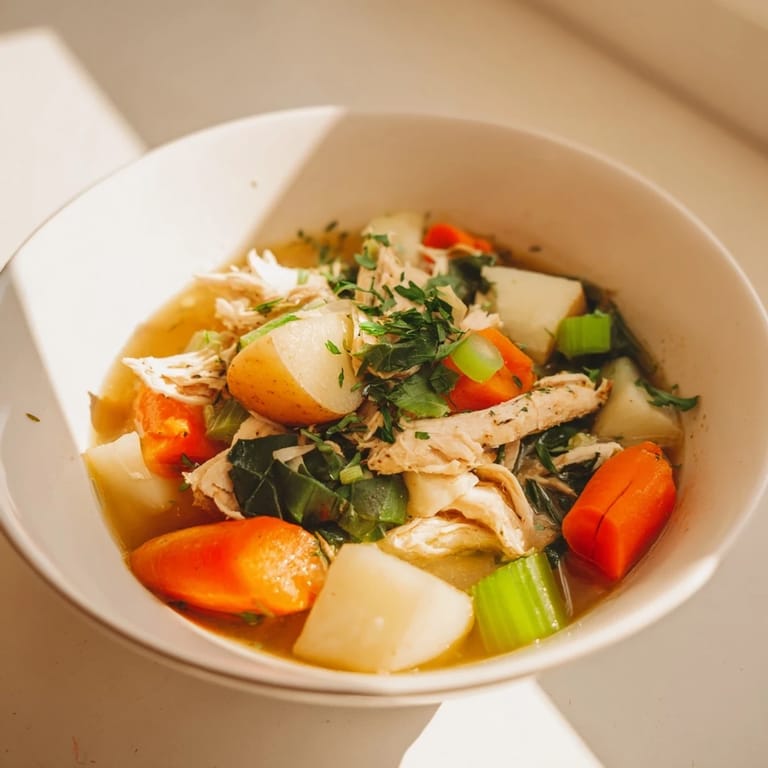Collard Greens, Chicken and Vegetable Soup simmers in a rustic pot, garnished with fresh parsley and a lemon wedge.  