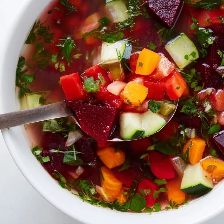 Freshly chopped dill and parsley garnish this colorful, nourishing soup served in a rustic white bowl.