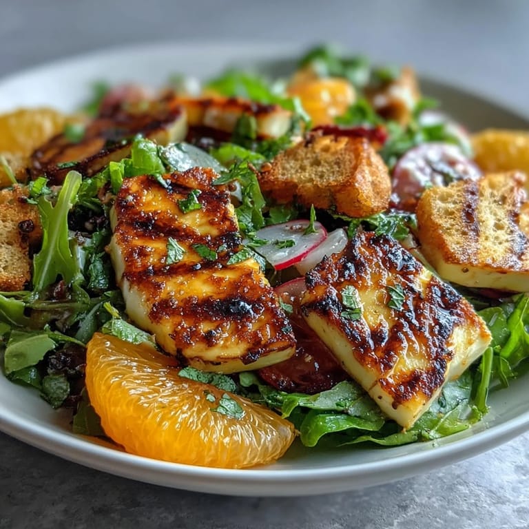 A close-up view of Halloumi Blood Orange Fattoush salad with juicy citrus segments and crisp vegetables.